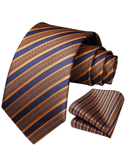 Stripe Tie Mens Ties and Pocket Square Set Classic 3.4'' Silk Formal Necktie Handkerchief for Business Wedding