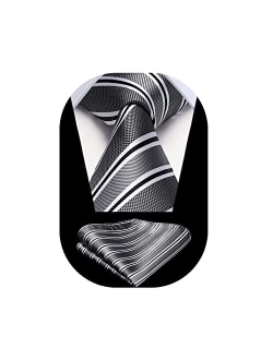 Stripe Tie Mens Ties and Pocket Square Set Classic 3.4'' Silk Formal Necktie Handkerchief for Business Wedding