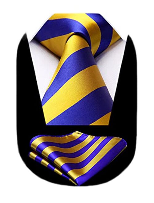 HISDERN Stripe Tie Mens Ties and Pocket Square Set Classic 3.4'' Silk Formal Necktie Handkerchief for Business Wedding