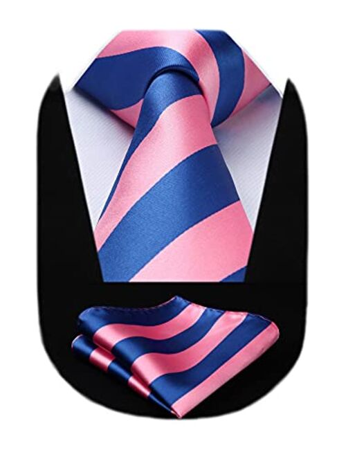 HISDERN Stripe Tie Mens Ties and Pocket Square Set Classic 3.4'' Silk Formal Necktie Handkerchief for Business Wedding