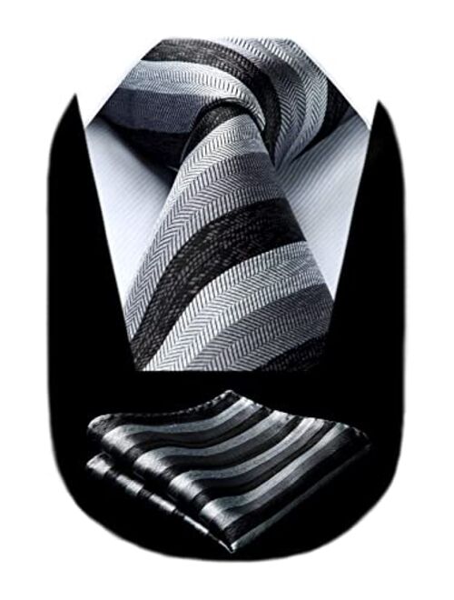 HISDERN Stripe Tie Mens Ties and Pocket Square Set Classic 3.4'' Silk Formal Necktie Handkerchief for Business Wedding