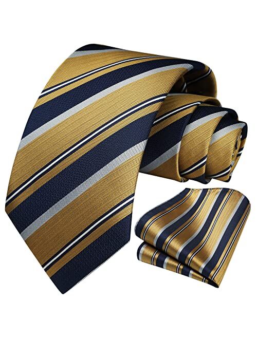 HISDERN Stripe Tie Mens Ties and Pocket Square Set Classic 3.4'' Silk Formal Necktie Handkerchief for Business Wedding