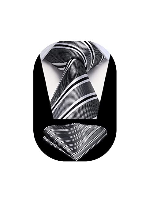 HISDERN Stripe Tie Mens Ties and Pocket Square Set Classic 3.4'' Silk Formal Necktie Handkerchief for Business Wedding