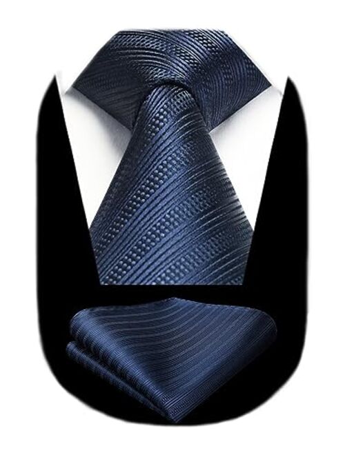 HISDERN Stripe Tie Mens Ties and Pocket Square Set Classic 3.4'' Silk Formal Necktie Handkerchief for Business Wedding