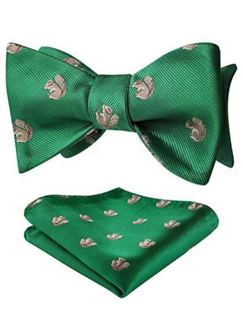 HISDERN Men's Animal Jacquard Self Bow Tie Pocket Square Set Wedding Party