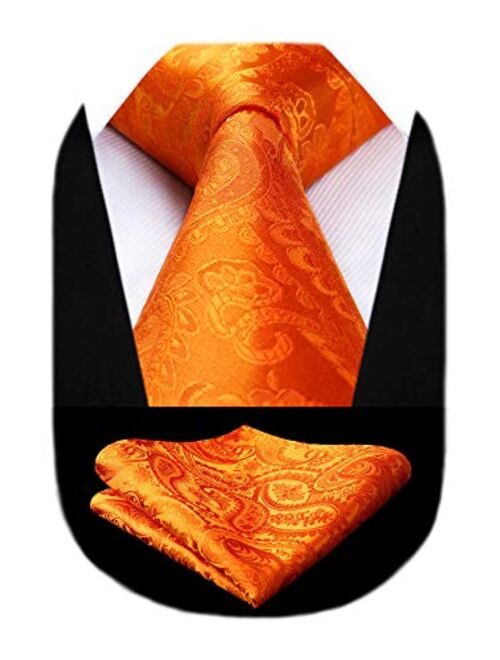 HISDERN Solid Paisley Tie for Men Handkerchief Woven Classic Flower Men's Necktie & Pocket Square Set