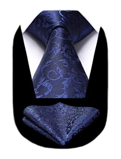 HISDERN Solid Paisley Tie for Men Handkerchief Woven Classic Flower Men's Necktie & Pocket Square Set