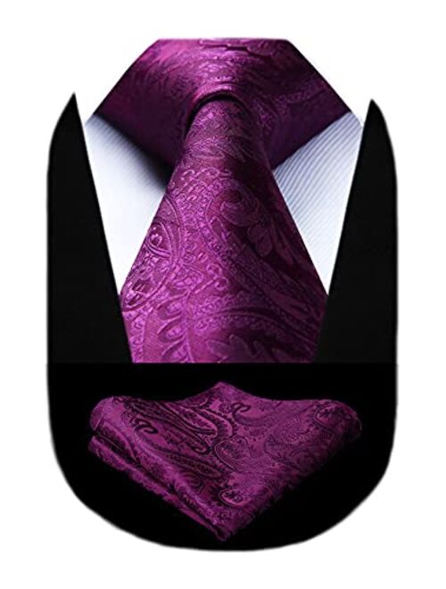 HISDERN Solid Paisley Tie for Men Handkerchief Woven Classic Flower Men's Necktie & Pocket Square Set