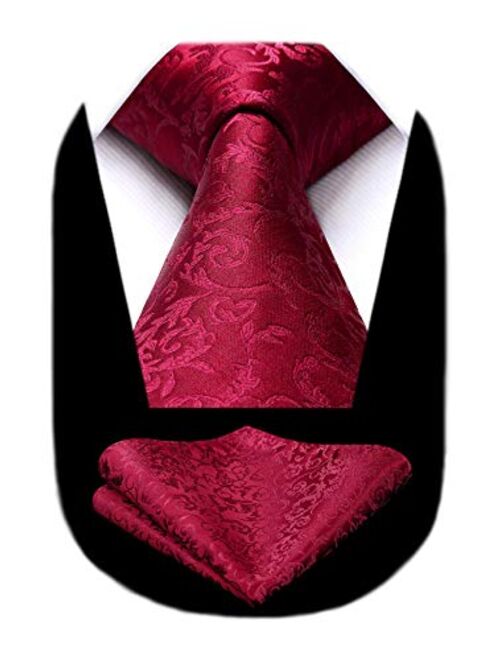 HISDERN Solid Paisley Tie for Men Handkerchief Woven Classic Flower Men's Necktie & Pocket Square Set