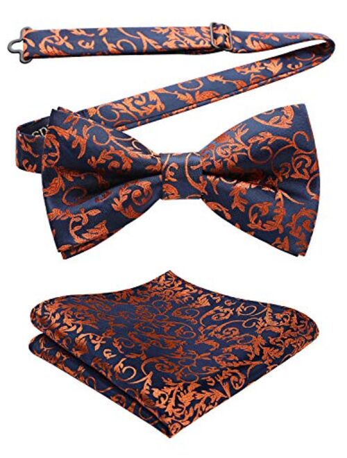 HISDERN Pre-Tied Bow Ties for Men Classic Paisley Jacquard Bowties Pocket Square Set Fashion Formal Adjustable Bow Tie Wedding Party