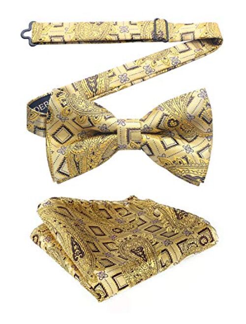 HISDERN Pre-Tied Bow Ties for Men Classic Paisley Jacquard Bowties Pocket Square Set Fashion Formal Adjustable Bow Tie Wedding Party