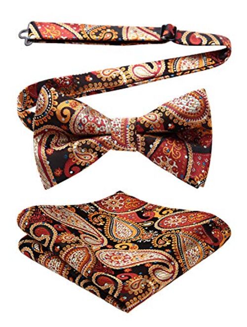 HISDERN Pre-Tied Bow Ties for Men Classic Paisley Jacquard Bowties Pocket Square Set Fashion Formal Adjustable Bow Tie Wedding Party