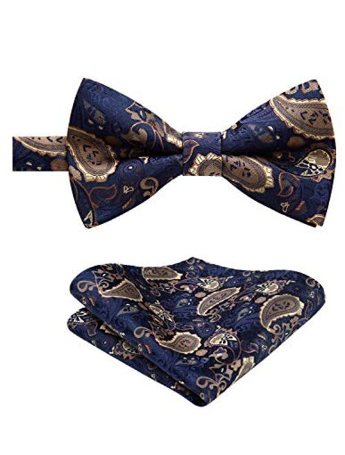 HISDERN Pre-Tied Bow Ties for Men Classic Paisley Jacquard Bowties Pocket Square Set Fashion Formal Adjustable Bow Tie Wedding Party