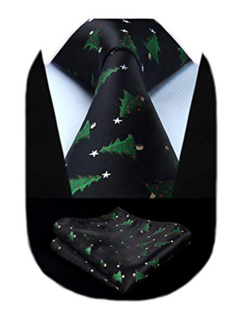 HISDERN Christmas Tie for Men, Holiday Season Party Necktie & Pocket Square Set