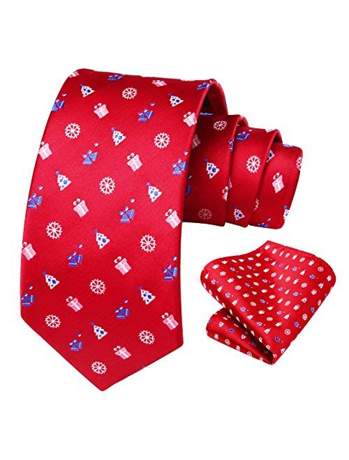 HISDERN Christmas Tie for Men, Holiday Season Party Necktie & Pocket Square Set