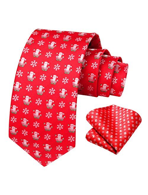 HISDERN Christmas Tie for Men, Holiday Season Party Necktie & Pocket Square Set