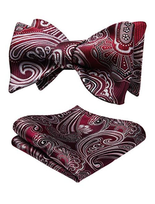 HISDERN Bow Ties for Men Paisley Floral Self Tie Bow Tie and Pocket Square Set Classic Silk Tuxedo Bowtie For Wedding Party