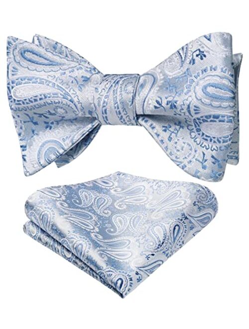 HISDERN Bow Ties for Men Paisley Floral Self Tie Bow Tie and Pocket Square Set Classic Silk Tuxedo Bowtie For Wedding Party