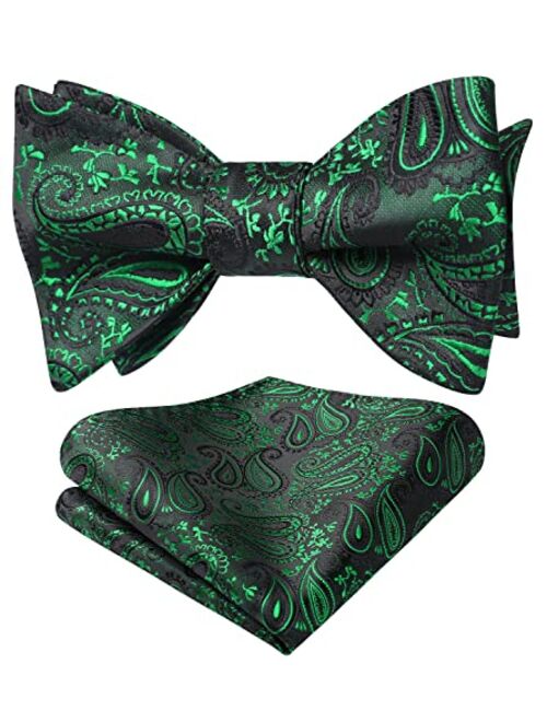 HISDERN Bow Ties for Men Paisley Floral Self Tie Bow Tie and Pocket Square Set Classic Silk Tuxedo Bowtie For Wedding Party