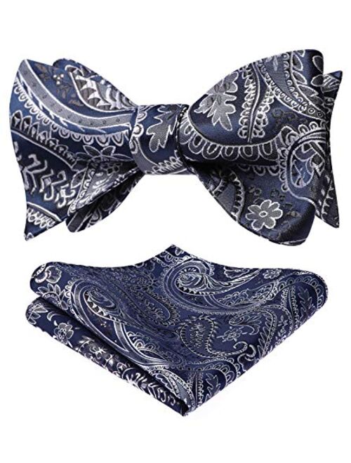 HISDERN Bow Ties for Men Paisley Floral Self Tie Bow Tie and Pocket Square Set Classic Silk Tuxedo Bowtie For Wedding Party