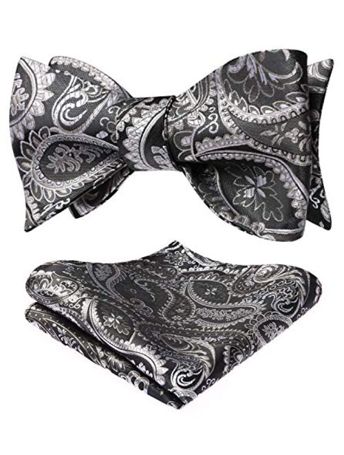 HISDERN Bow Ties for Men Paisley Floral Self Tie Bow Tie and Pocket Square Set Classic Silk Tuxedo Bowtie For Wedding Party