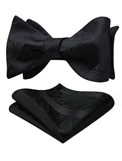 HISDERN Bow Ties for Men Paisley Floral Self Tie Bow Tie and Pocket Square Set Classic Silk Tuxedo Bowtie For Wedding Party