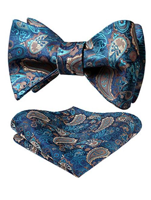 HISDERN Bow Ties for Men Paisley Floral Self Tie Bow Tie and Pocket Square Set Classic Silk Tuxedo Bowtie For Wedding Party