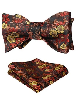 Men's Floral Jacquard Wedding Party Self Bow Tie Pocket Square Set Red