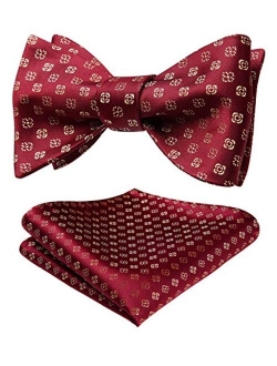 Men's Floral Jacquard Wedding Party Self Bow Tie Pocket Square Set Red