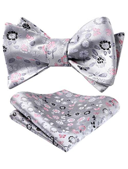 HISDERN Men's Floral Jacquard Wedding Party Self Bow Tie Pocket Square Set Red