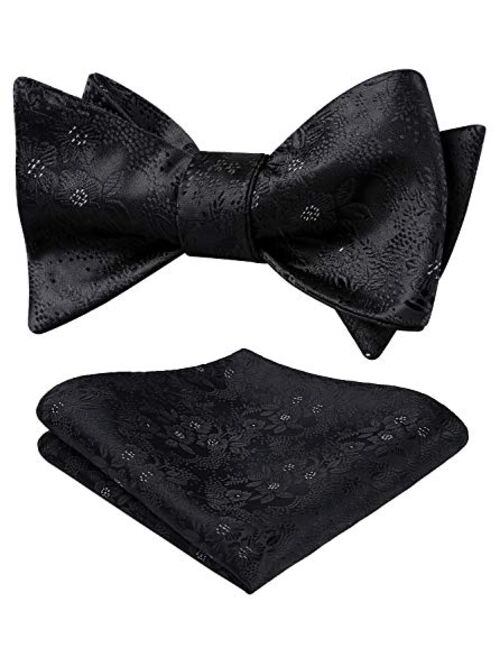 HISDERN Men's Floral Jacquard Wedding Party Self Bow Tie Pocket Square Set Red