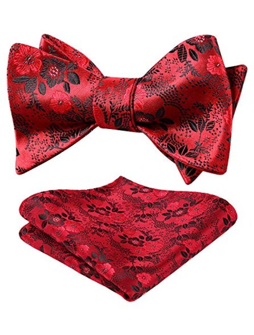 HISDERN Men's Floral Jacquard Wedding Party Self Bow Tie Pocket Square Set Red