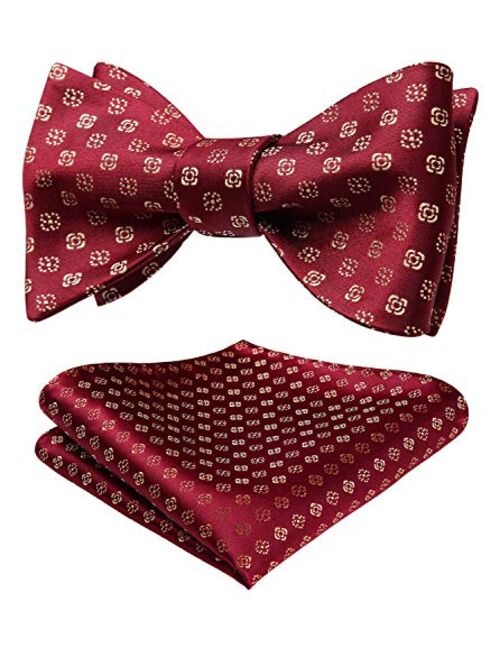 HISDERN Men's Floral Jacquard Wedding Party Self Bow Tie Pocket Square Set Red