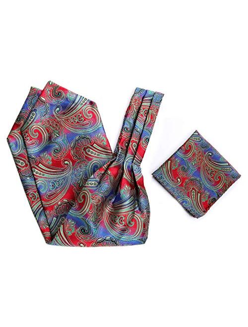 HISDERN Cravat Ascot Tie and Pocket Square Set for Men Wedding Cravat Scarf