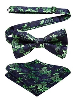 Men's Floral Paisley Classic Jacquard Pre-Tied Bow Tie &Pocket Square Set Satin Woven Bowtie for Wedding Party