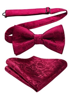 Men's Floral Paisley Classic Jacquard Pre-Tied Bow Tie &Pocket Square Set Satin Woven Bowtie for Wedding Party