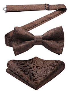 Men's Floral Paisley Classic Jacquard Pre-Tied Bow Tie &Pocket Square Set Satin Woven Bowtie for Wedding Party