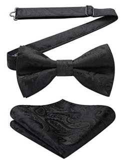 Men's Floral Paisley Classic Jacquard Pre-Tied Bow Tie &Pocket Square Set Satin Woven Bowtie for Wedding Party