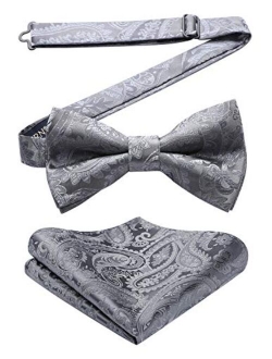 Men's Floral Paisley Classic Jacquard Pre-Tied Bow Tie &Pocket Square Set Satin Woven Bowtie for Wedding Party