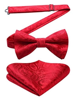 Men's Floral Paisley Classic Jacquard Pre-Tied Bow Tie &Pocket Square Set Satin Woven Bowtie for Wedding Party