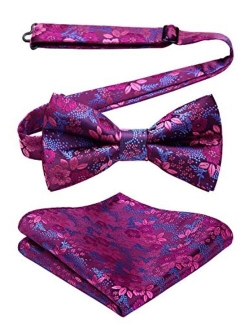 Men's Floral Paisley Classic Jacquard Pre-Tied Bow Tie &Pocket Square Set Satin Woven Bowtie for Wedding Party