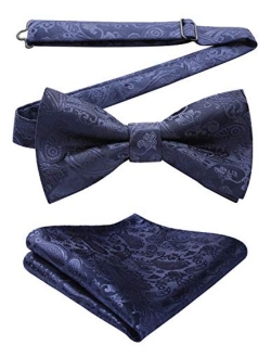 Men's Floral Paisley Classic Jacquard Pre-Tied Bow Tie &Pocket Square Set Satin Woven Bowtie for Wedding Party