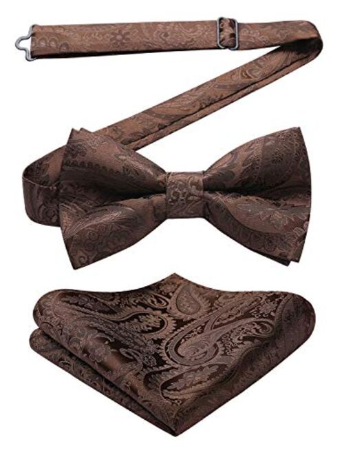 HISDERN Men's Floral Paisley Classic Jacquard Pre-Tied Bow Tie &Pocket Square Set Satin Woven Bowtie for Wedding Party