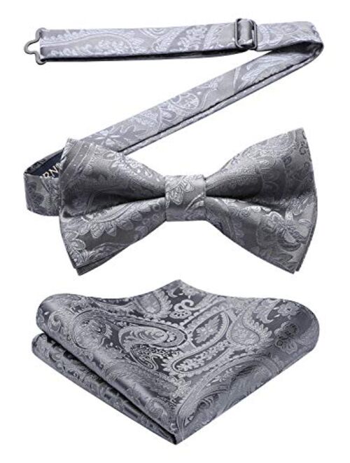 HISDERN Men's Floral Paisley Classic Jacquard Pre-Tied Bow Tie &Pocket Square Set Satin Woven Bowtie for Wedding Party