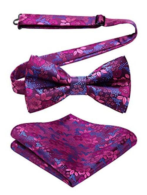 HISDERN Men's Floral Paisley Classic Jacquard Pre-Tied Bow Tie &Pocket Square Set Satin Woven Bowtie for Wedding Party