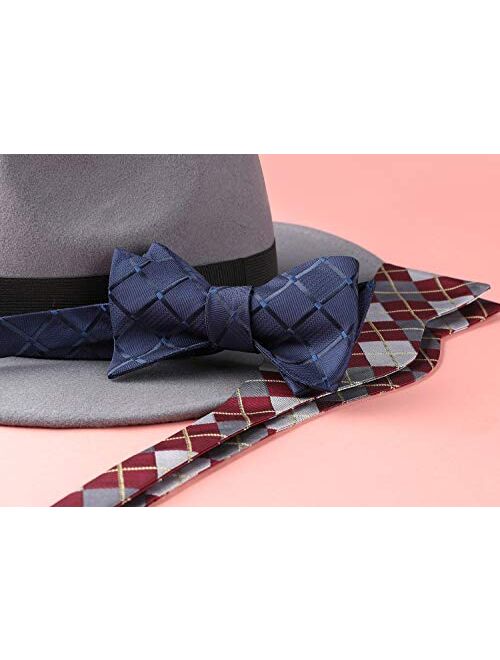 HISDERN Men's Bow Tie Check plaid Polka Dots Formal Tuxedo Self Tie Bowtie With Pocket Square for Wedding Party