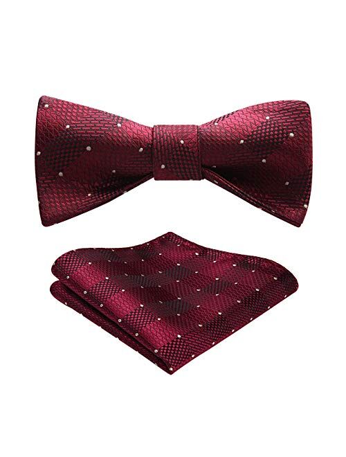 HISDERN Men's Bow Tie Check plaid Polka Dots Formal Tuxedo Self Tie Bowtie With Pocket Square for Wedding Party