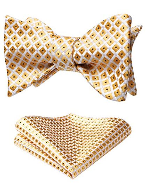 HISDERN Men's Bow Tie Check plaid Polka Dots Formal Tuxedo Self Tie Bowtie With Pocket Square for Wedding Party