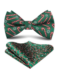 Christmas Bow Tie and Pocket Square Set Pre Tied Bowties for Men Xmas Festival Woven Bowtie with Handkerchief