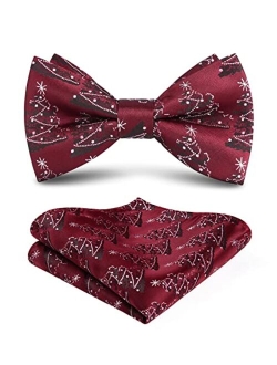 Christmas Bow Tie and Pocket Square Set Pre Tied Bowties for Men Xmas Festival Woven Bowtie with Handkerchief